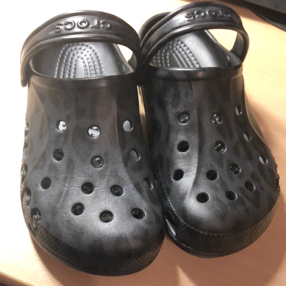 Dark cheetah printed Crocs